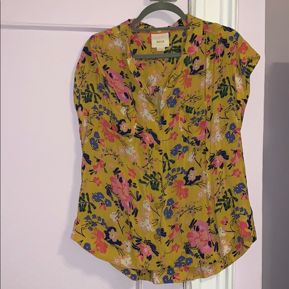 Anthropologie yellow floral button down blouse